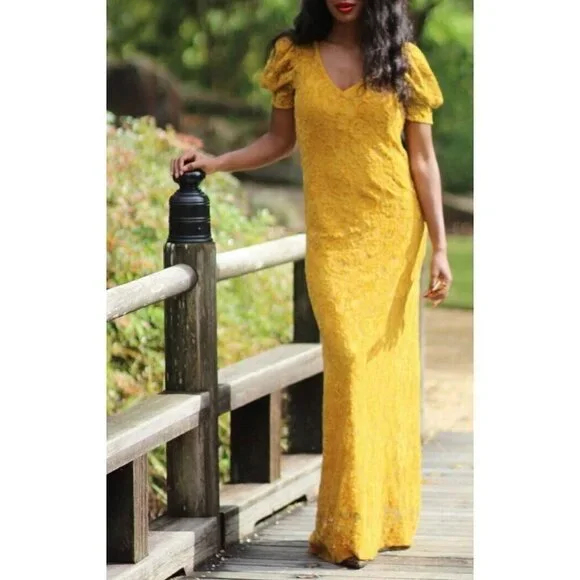 Shabby Chic Sz XS Mustard Yellow Gold Chenille Velvet Lace Maxi Dress NWT  NEW